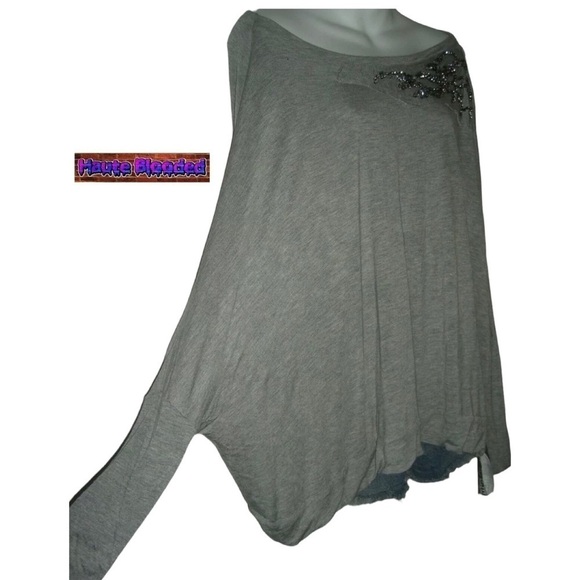 Young Fabulous & Broke Blouse Heathered Gray Jewel Neckline Bling Modal OSFA NWT - Picture 2 of 9